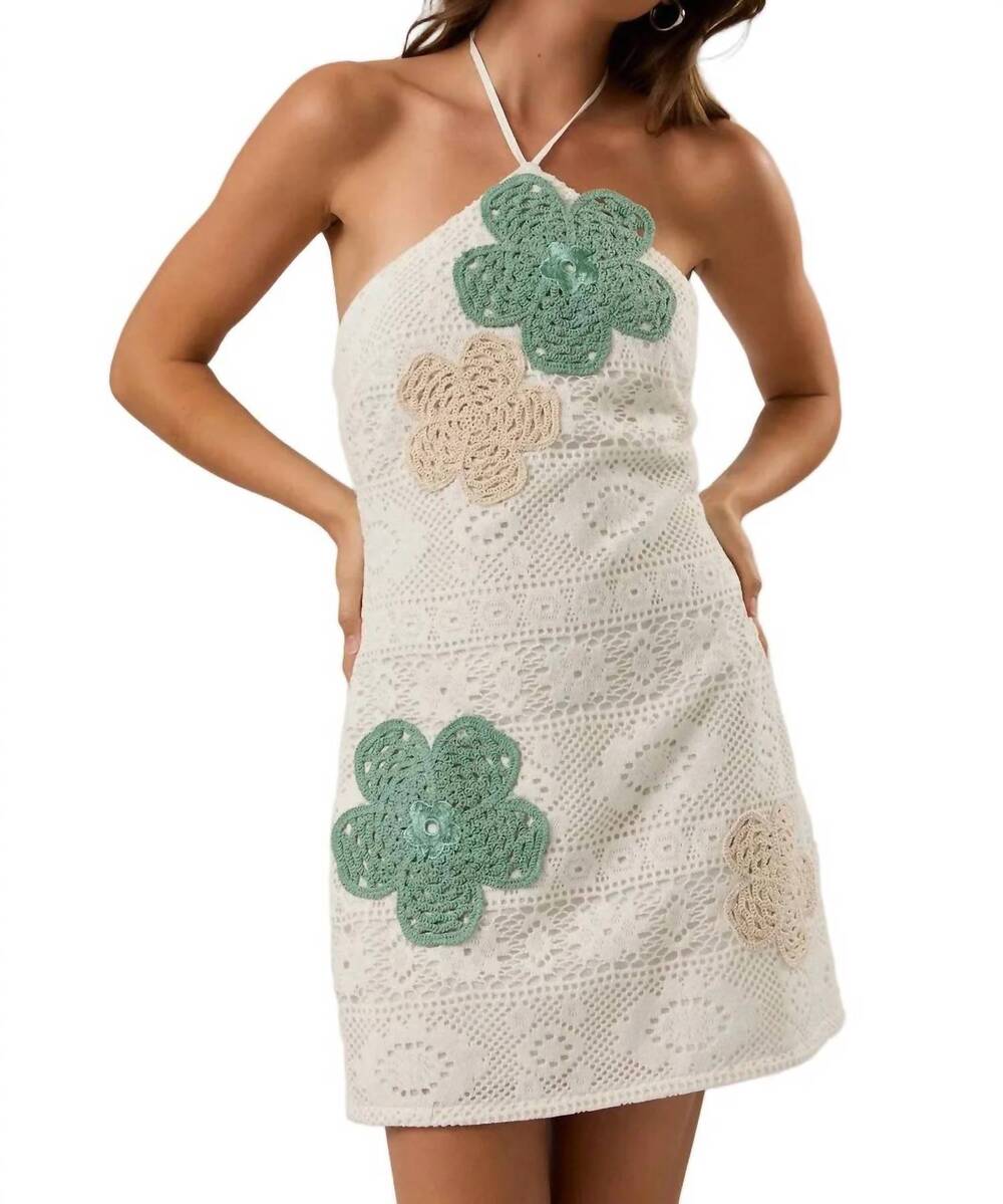 NEW LE LIS crochet halter mini dress in sage green / white / beige